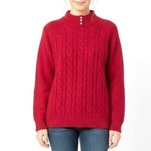 Miranda Red Cable Knit Sweater Petite L Acrylic Mock Neck Buttons PL Vintage